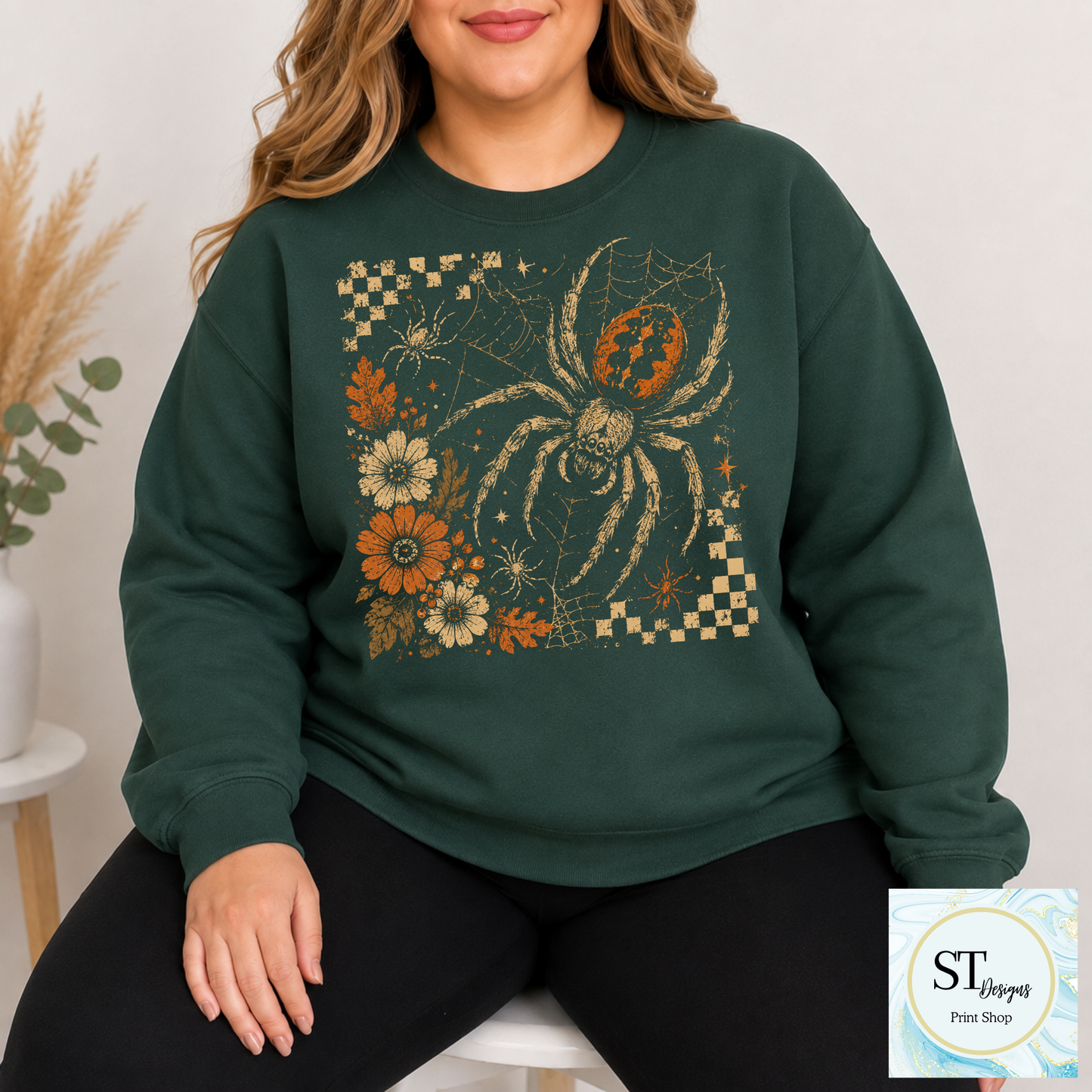Vintage Floral Spider Web Checkerboard Halloween Graphic