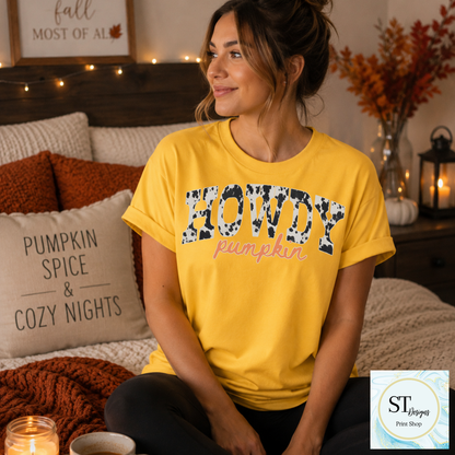 Howdy Pumpkin Cow Print Western Fall Graphic Shirt