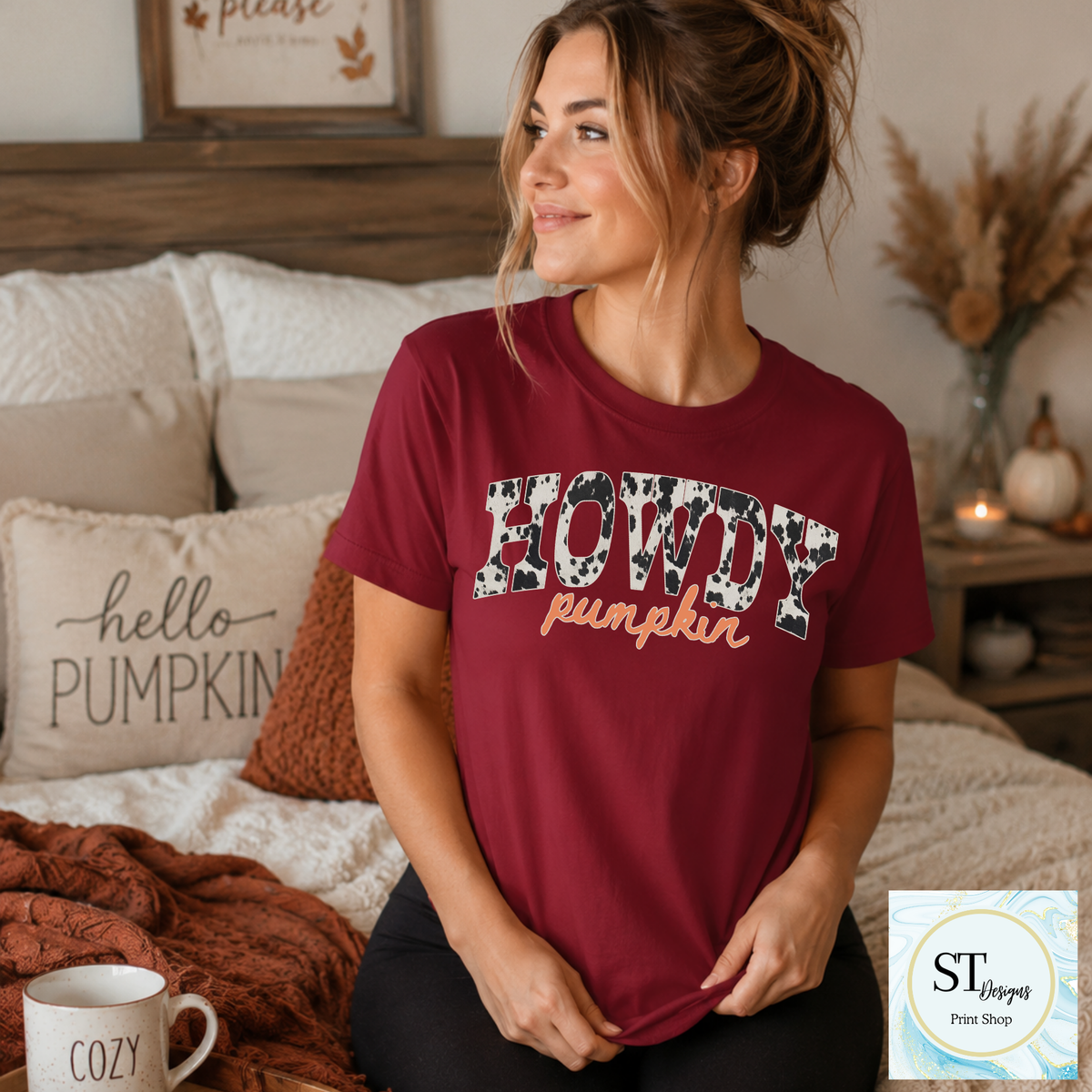 Howdy Pumpkin Cow Print Western Fall Graphic Shirt