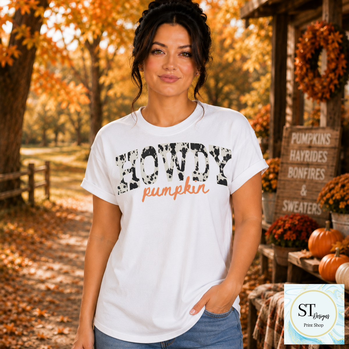 Howdy Pumpkin Cow Print Western Fall Graphic Shirt