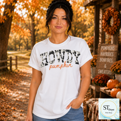 Howdy Pumpkin Cow Print Western Fall Graphic Shirt