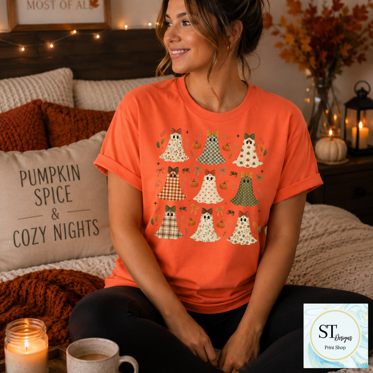 Spooky Cute Fall Ghosts with Bows Halloween Shirt