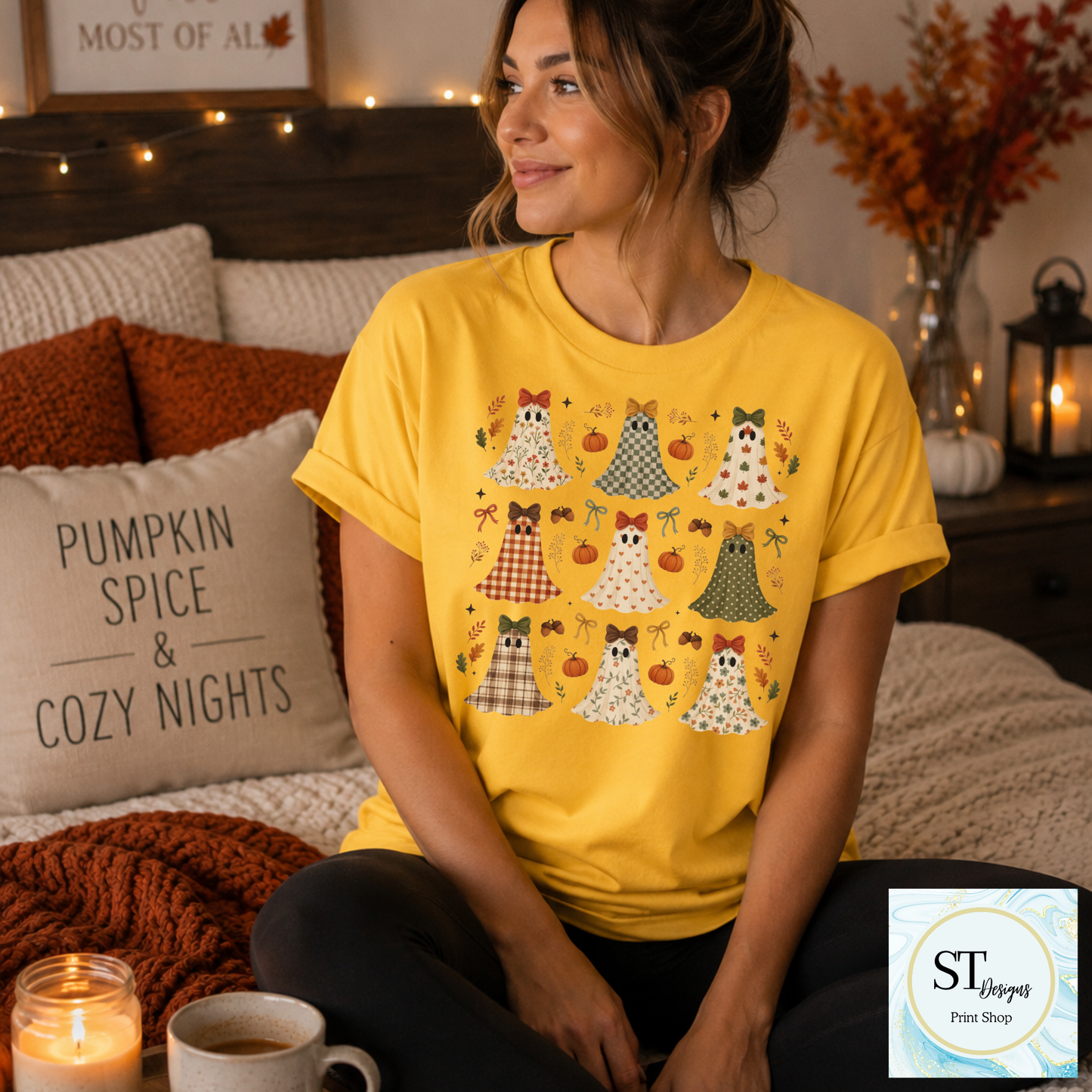 Spooky Cute Fall Ghosts with Bows Halloween Shirt