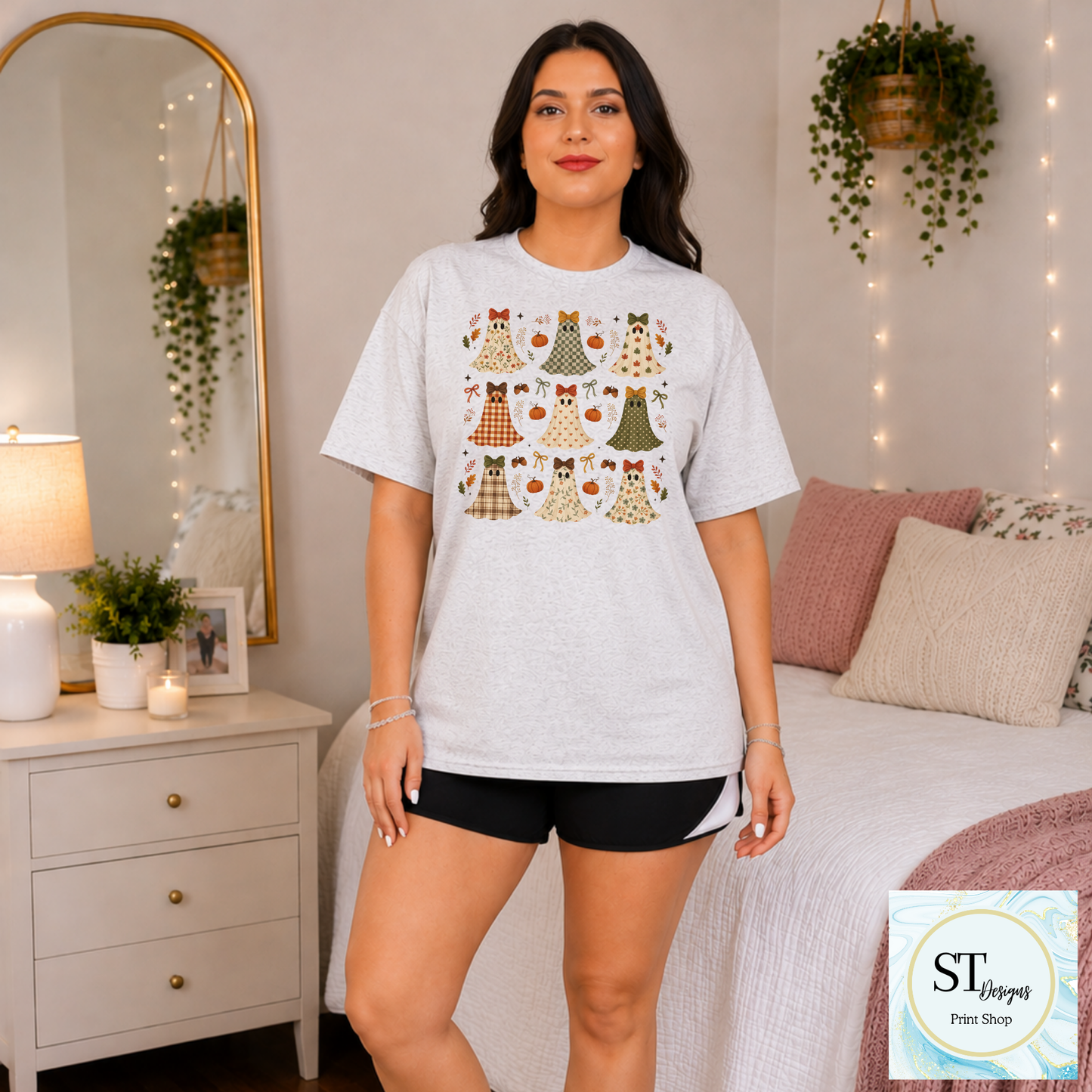 Spooky Cute Fall Ghosts with Bows Halloween Shirt
