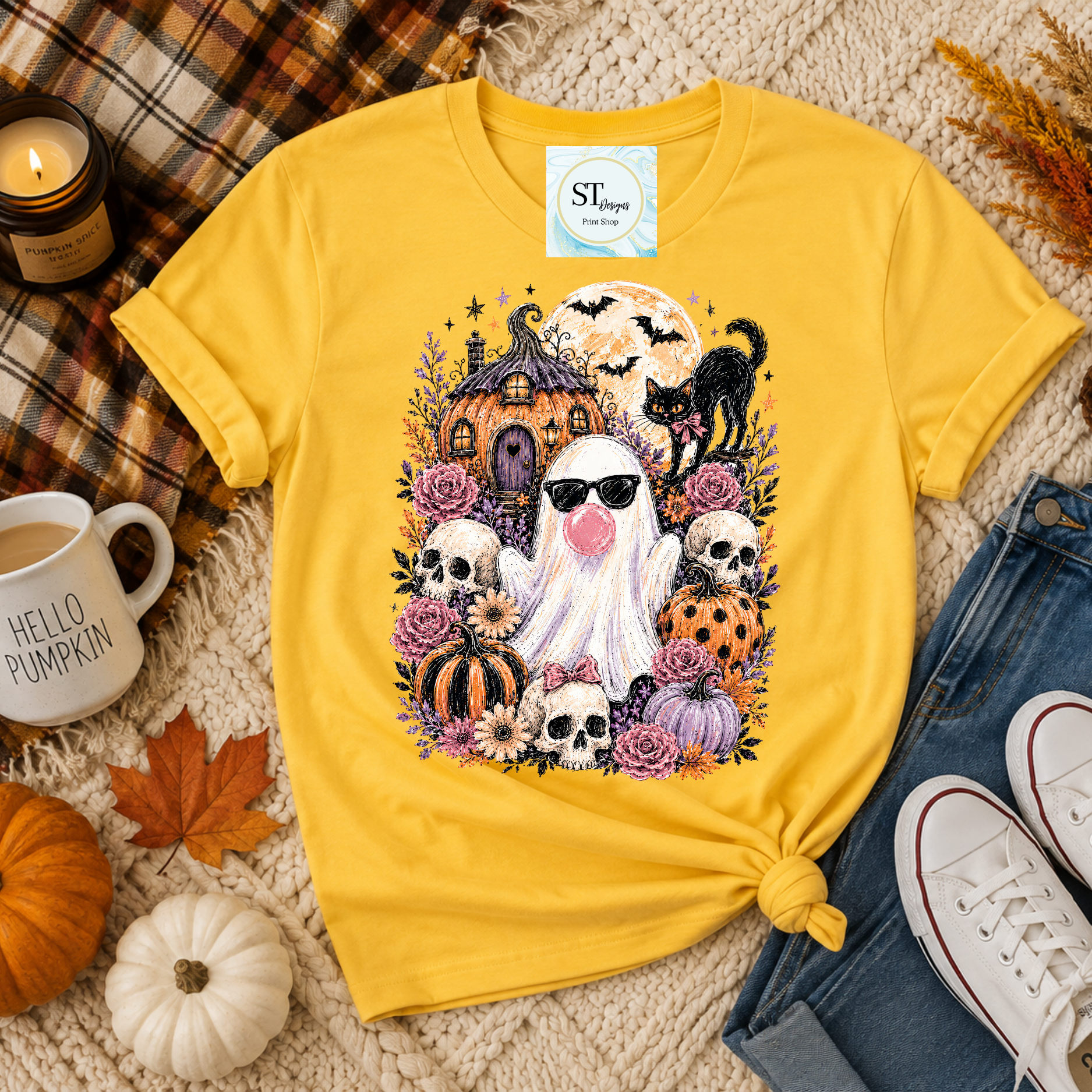 Bubblegum Ghost Pumpkin Patch Halloween Graphic Shirt