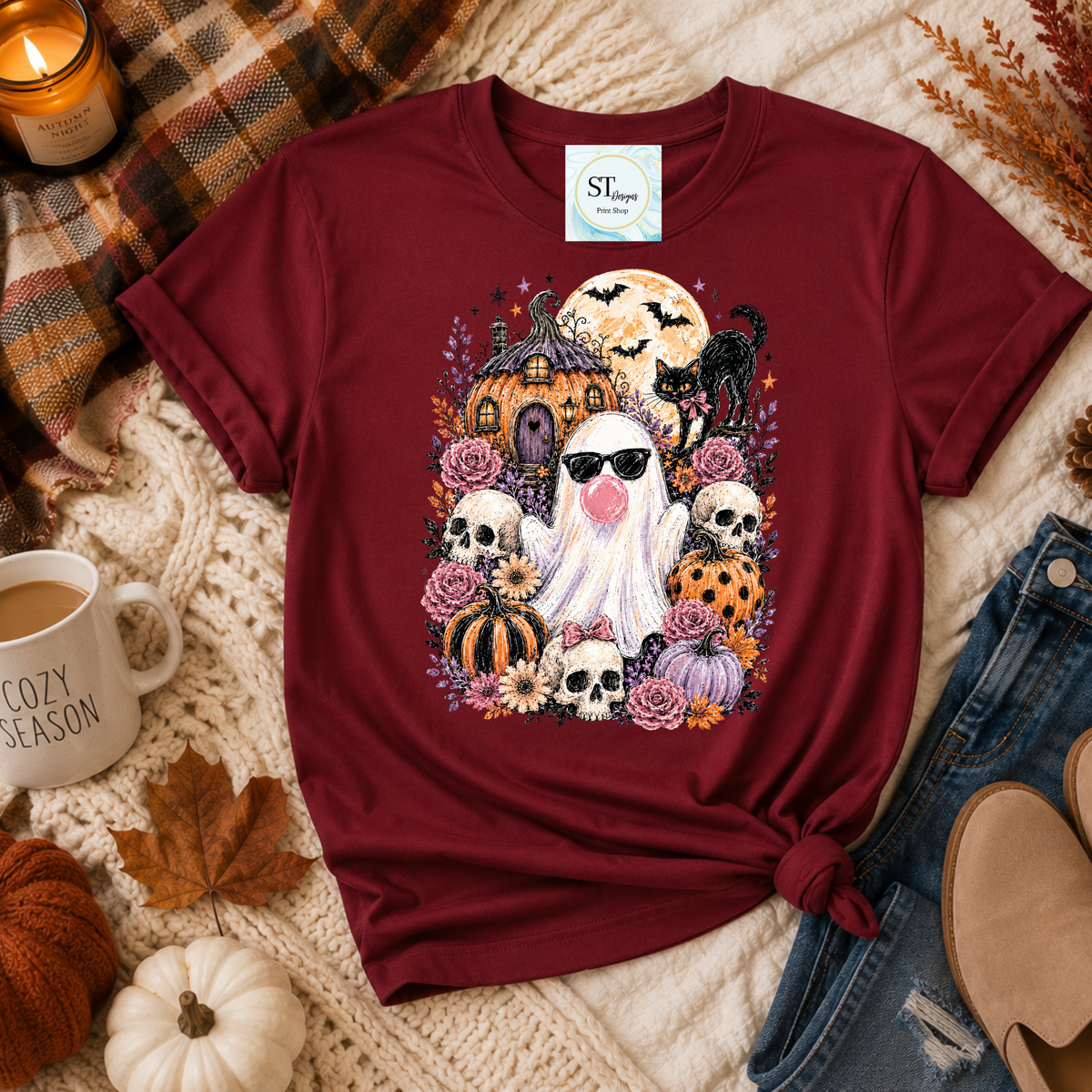 Bubblegum Ghost Pumpkin Patch Halloween Graphic Shirt