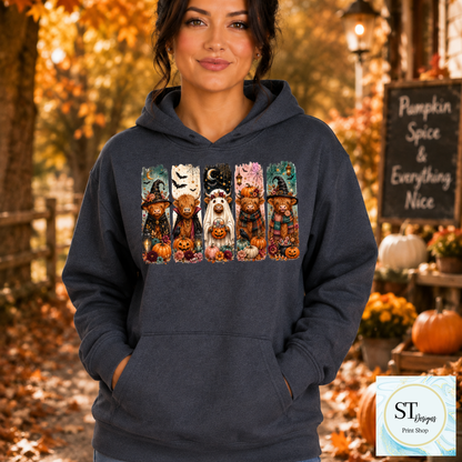 Witchy Highland Cows Halloween Pumpkin Patch Graphic