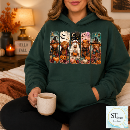 Witchy Highland Cows Halloween Pumpkin Patch Graphic