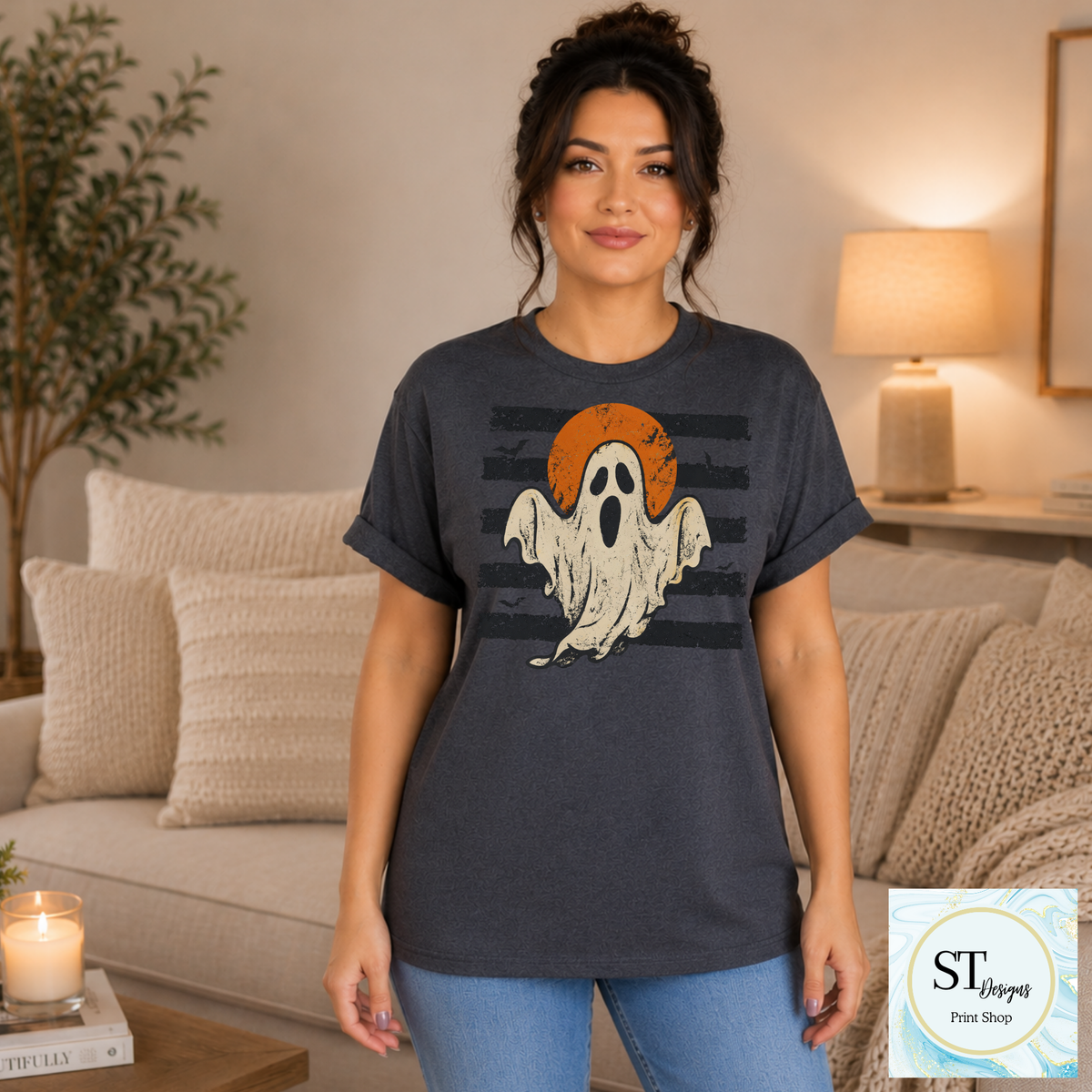 Retro Ghost and Harvest Moon Halloween Shirt