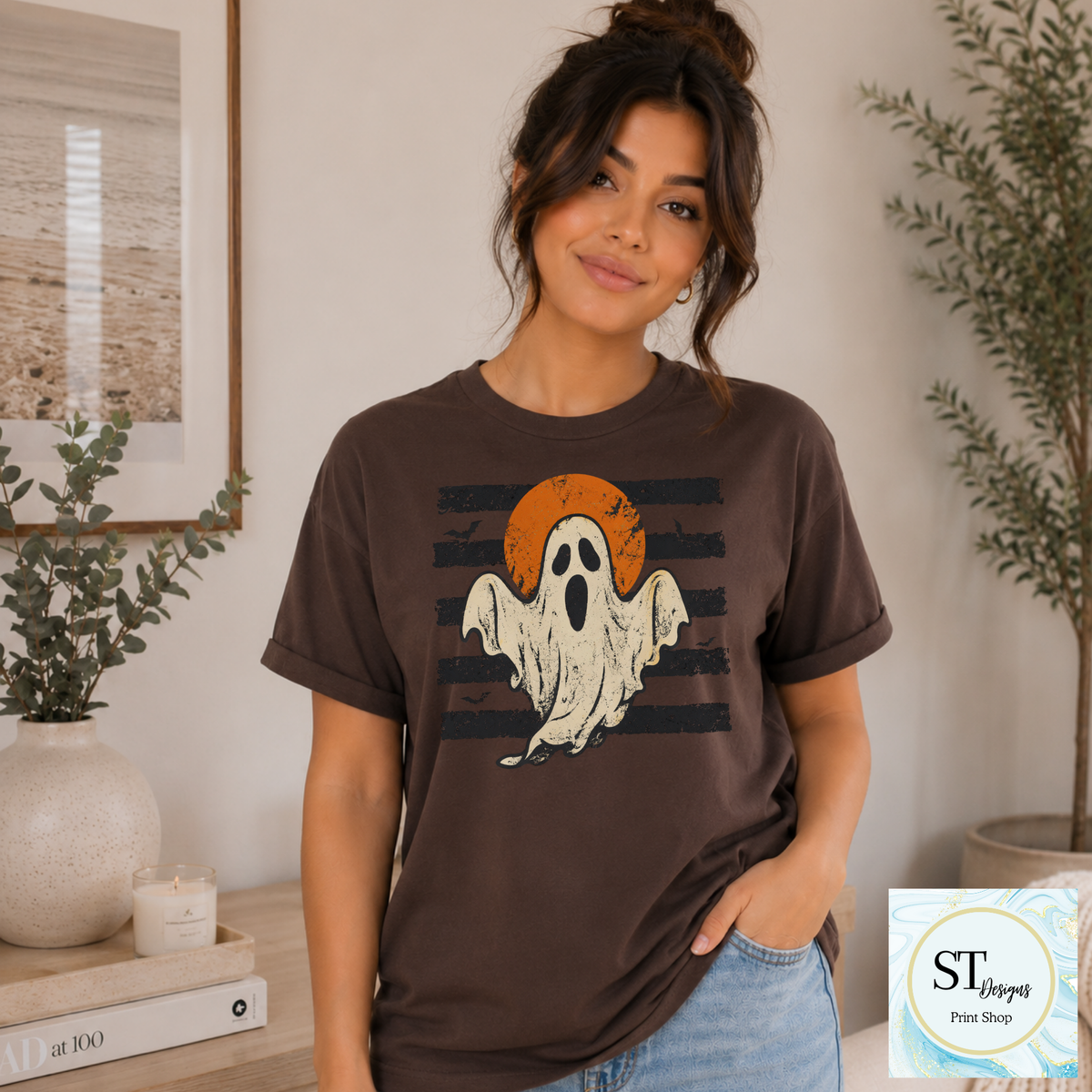 Retro Ghost and Harvest Moon Halloween Shirt