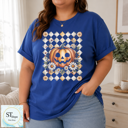Jack-O'-Lantern and Daisies Checkered Fall Shirt