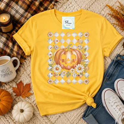 Jack-O'-Lantern and Daisies Checkered Fall Shirt