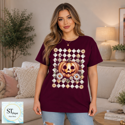 Jack-O'-Lantern and Daisies Checkered Fall Shirt