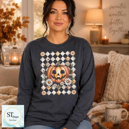 Jack-O'-Lantern and Daisies Checkered Fall Shirt