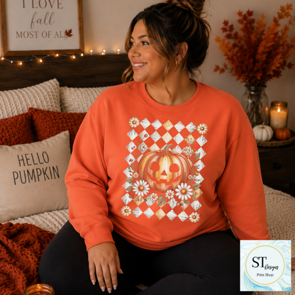 Jack-O'-Lantern and Daisies Checkered Fall Shirt