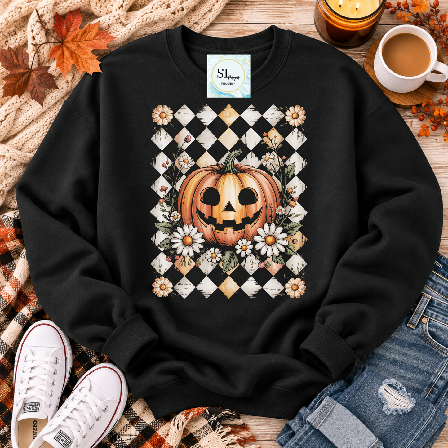 Jack-O'-Lantern and Daisies Checkered Fall Shirt