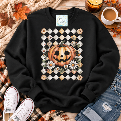 Jack-O'-Lantern and Daisies Checkered Fall Shirt