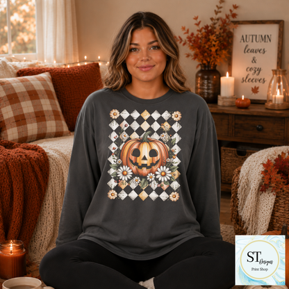 Jack-O'-Lantern and Daisies Checkered Fall Shirt