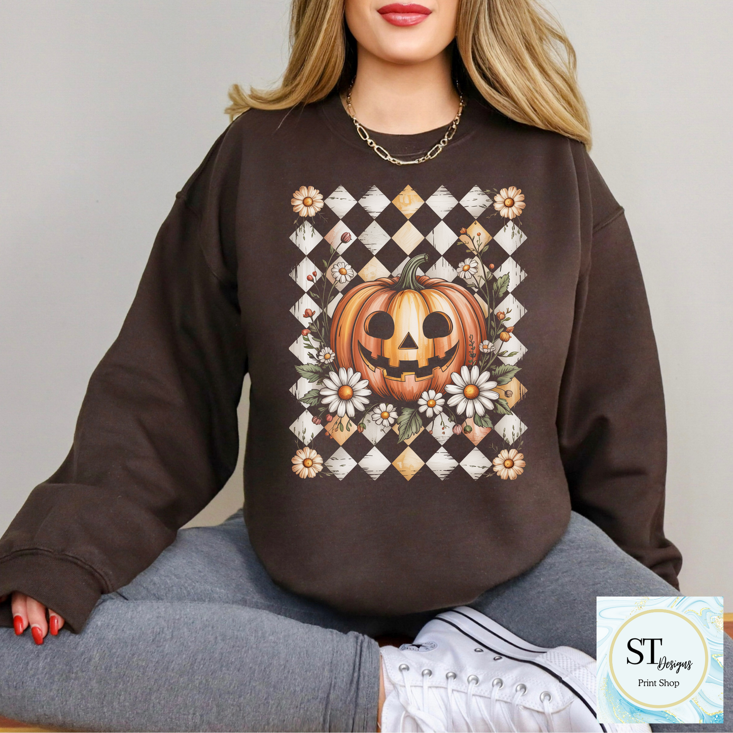 Jack-O'-Lantern and Daisies Checkered Fall Shirt