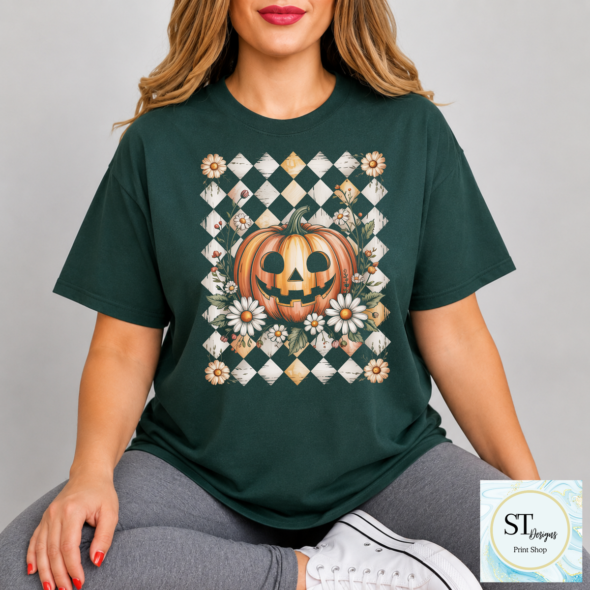 Jack-O'-Lantern and Daisies Checkered Fall Shirt