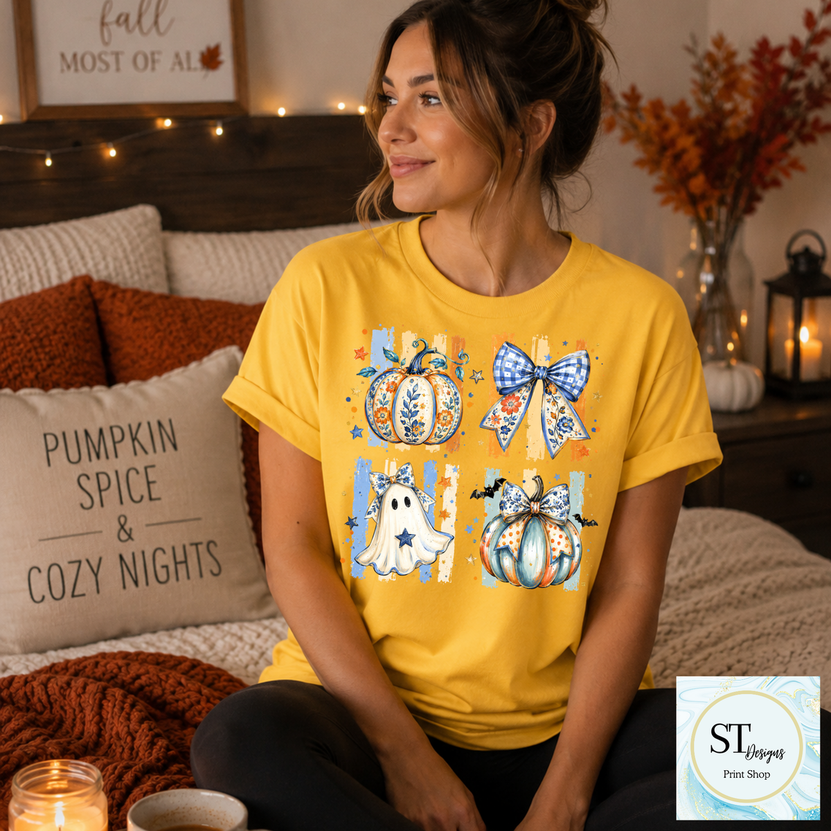 Floral Pumpkins and Ghost with Gingham Bows Fall Graphic
