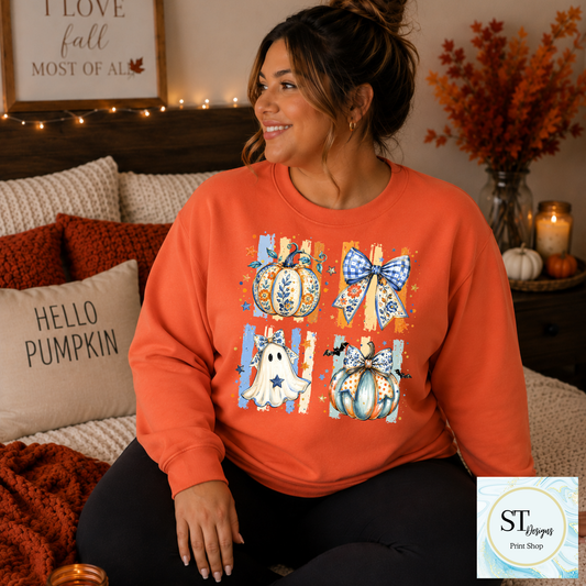 Floral Pumpkins and Ghost with Gingham Bows Fall Graphic