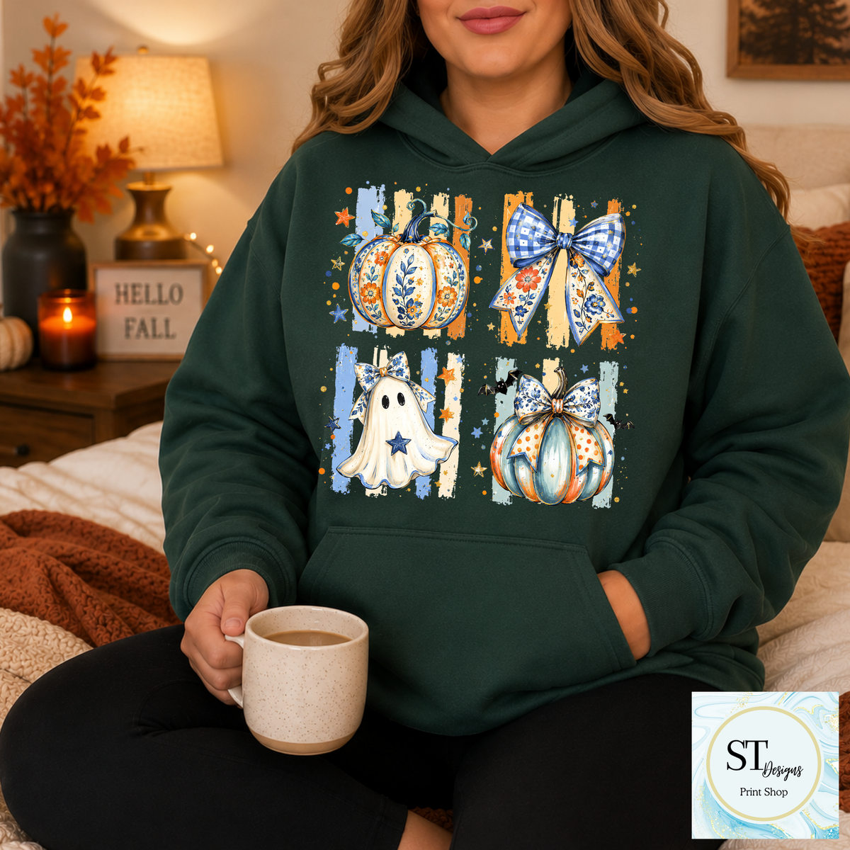 Floral Pumpkins and Ghost with Gingham Bows Fall Graphic