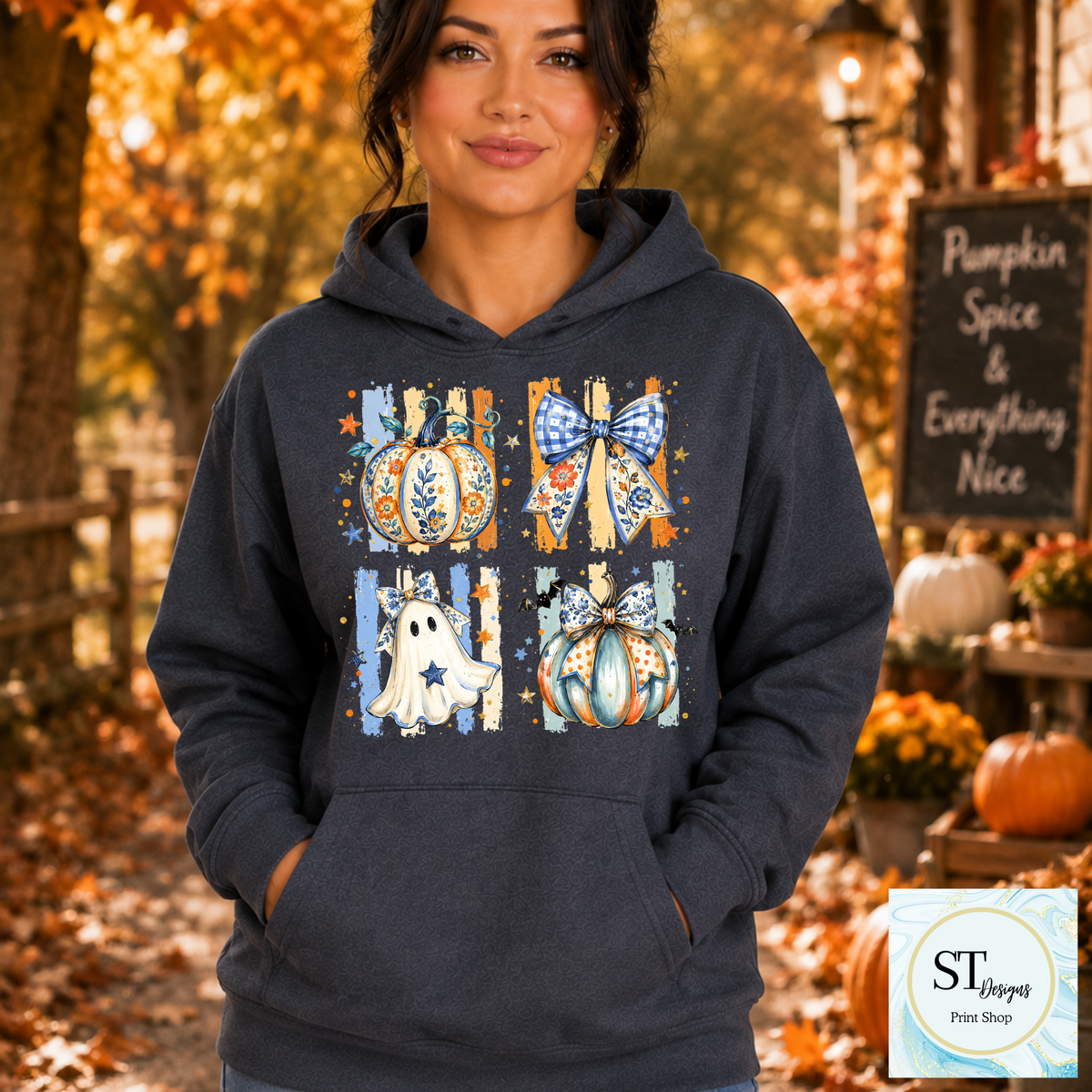 Floral Pumpkins and Ghost with Gingham Bows Fall Graphic