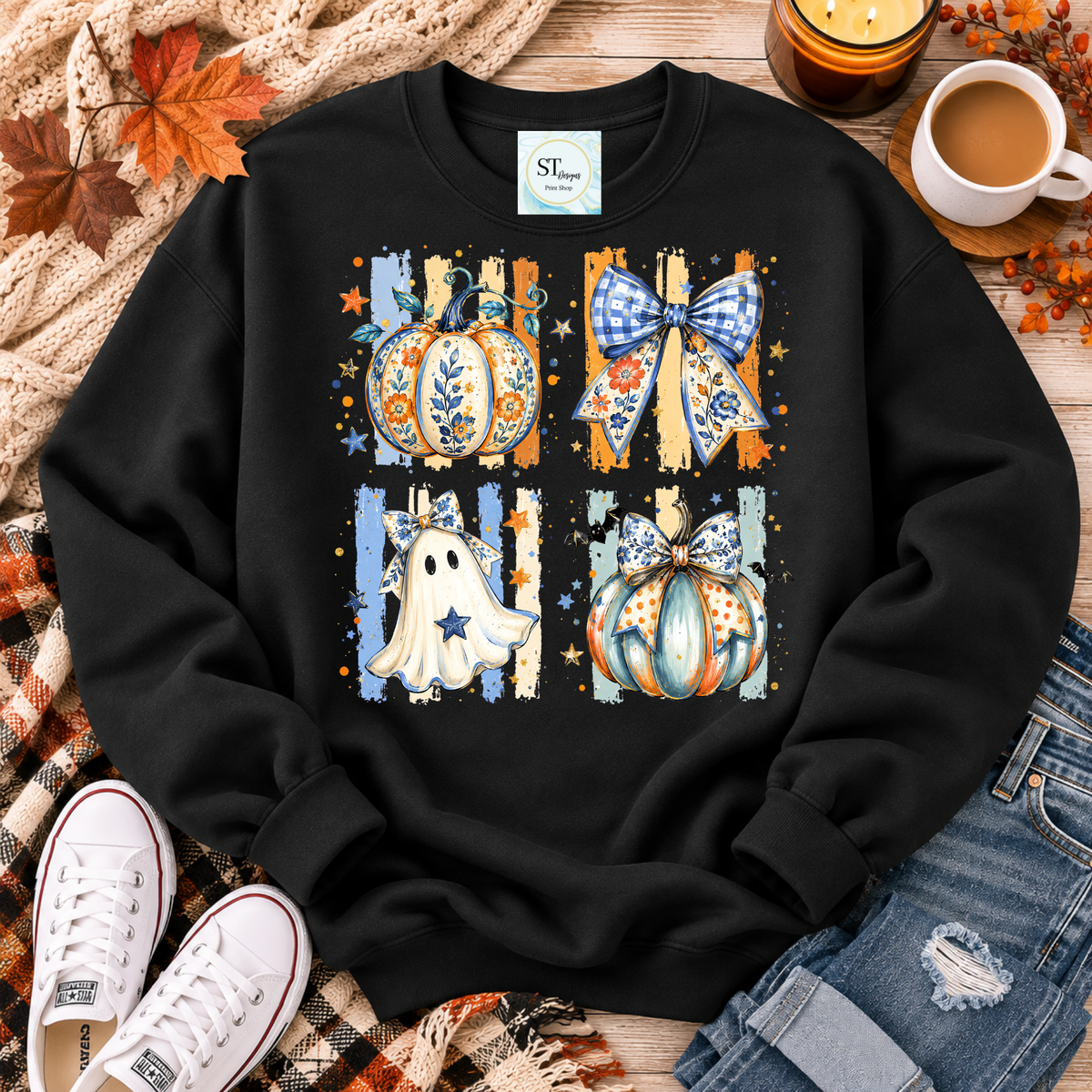 Floral Pumpkins and Ghost with Gingham Bows Fall Graphic