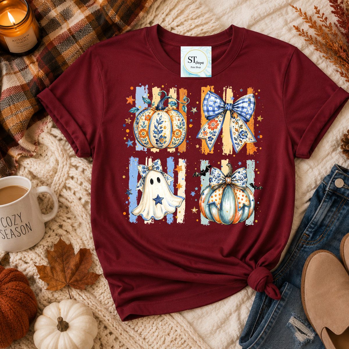 Floral Pumpkins and Ghost with Gingham Bows Fall Graphic