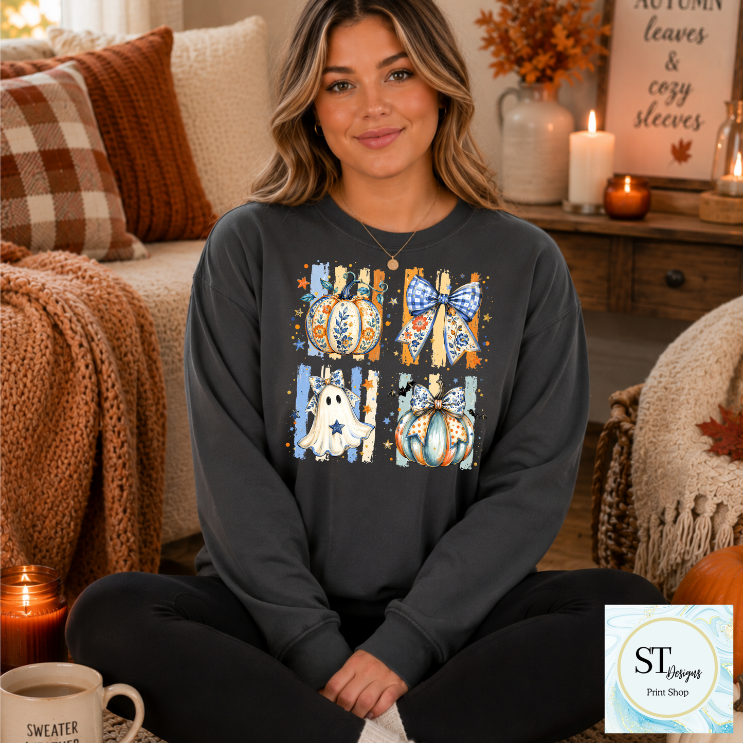 Floral Pumpkins and Ghost with Gingham Bows Fall Graphic