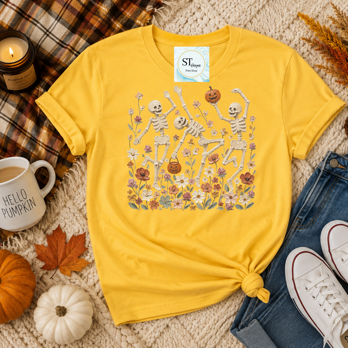 Dancing Skeletons Wildflower Spooky Halloween Graphic