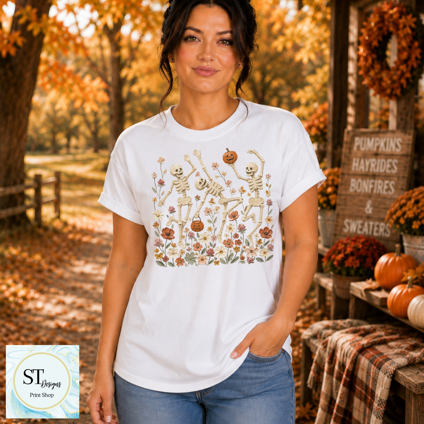 Dancing Skeletons Wildflower Spooky Halloween Graphic
