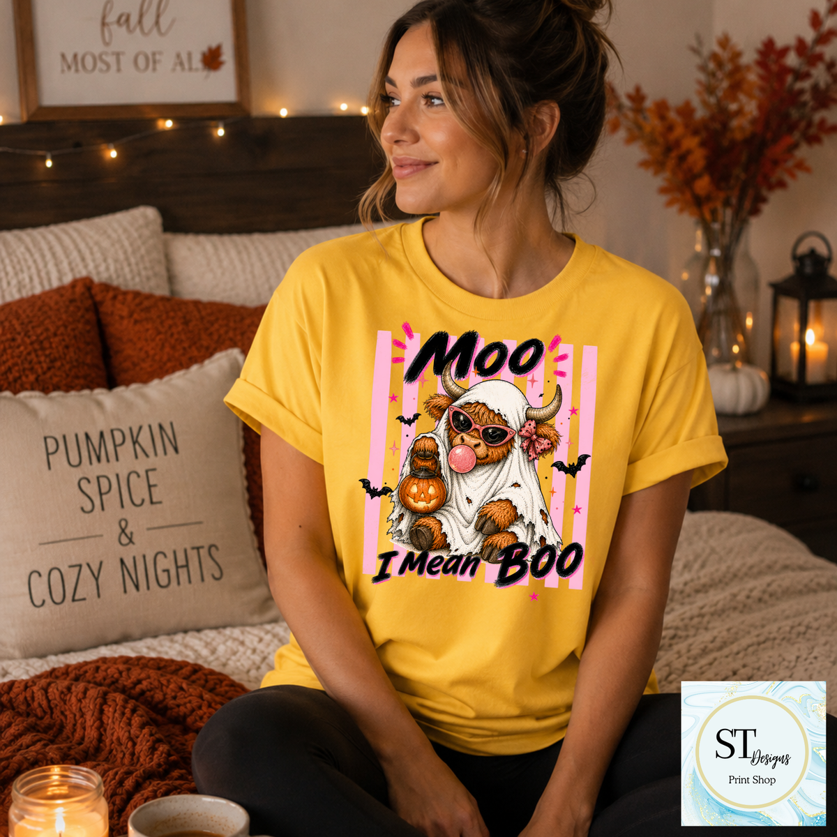 Moo I Mean Boo Highland Cow Halloween Graphic