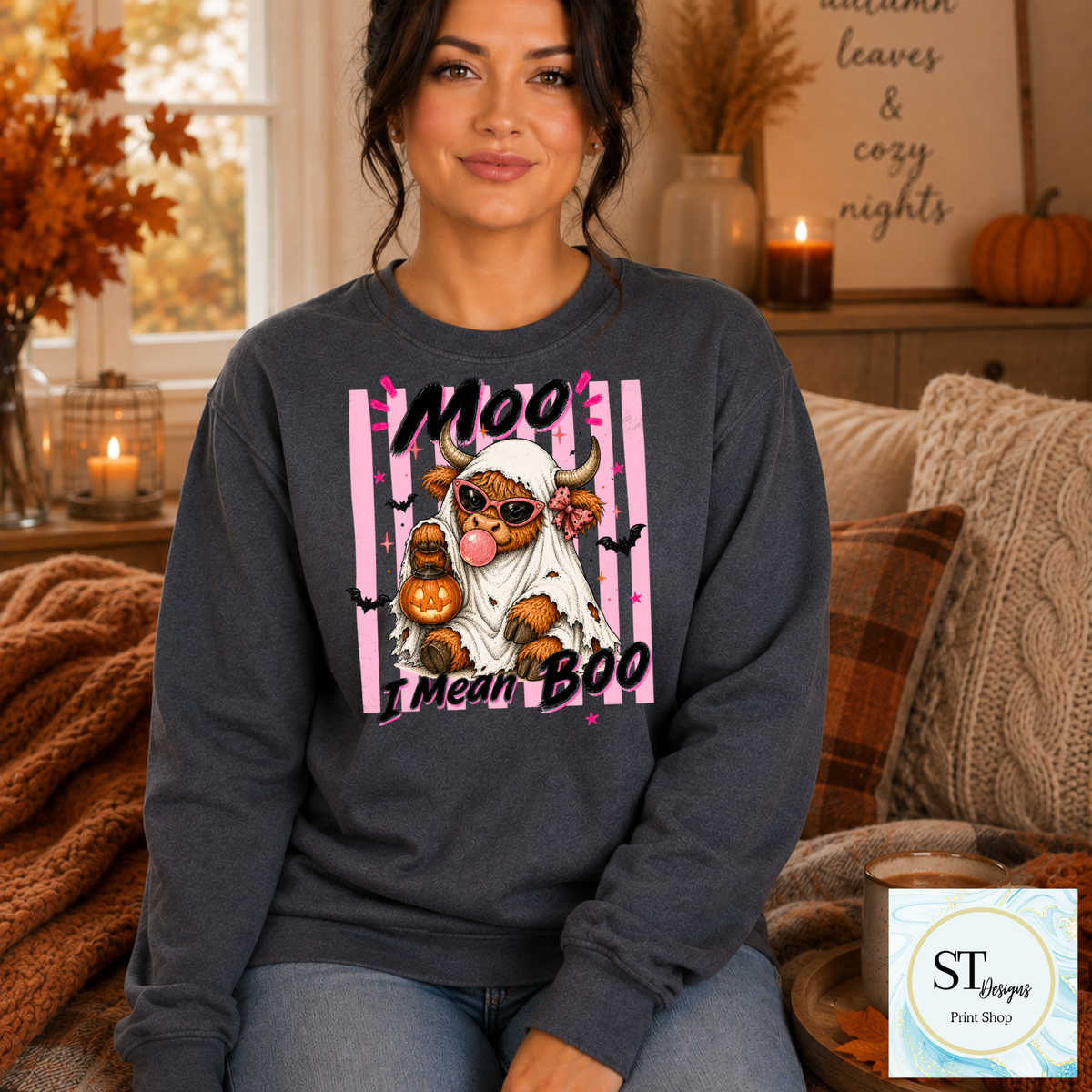 Moo I Mean Boo Highland Cow Halloween Graphic