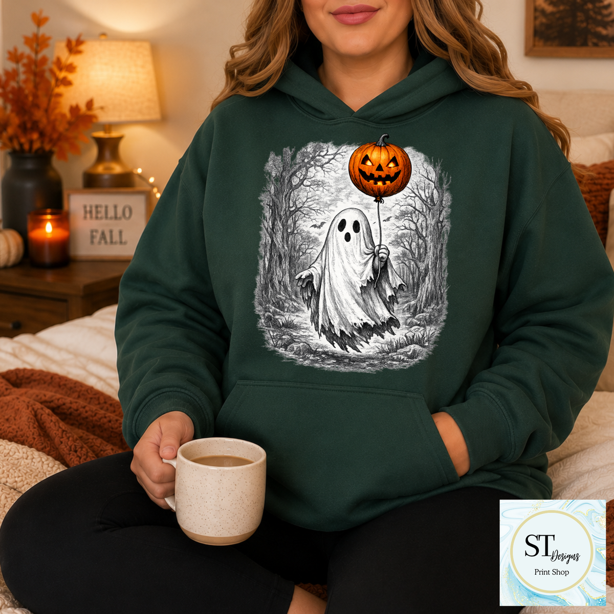 Spooky Ghost With Jack-O'-Lantern Balloon Halloween Design