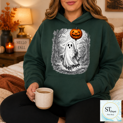Spooky Ghost With Jack-O'-Lantern Balloon Halloween Design