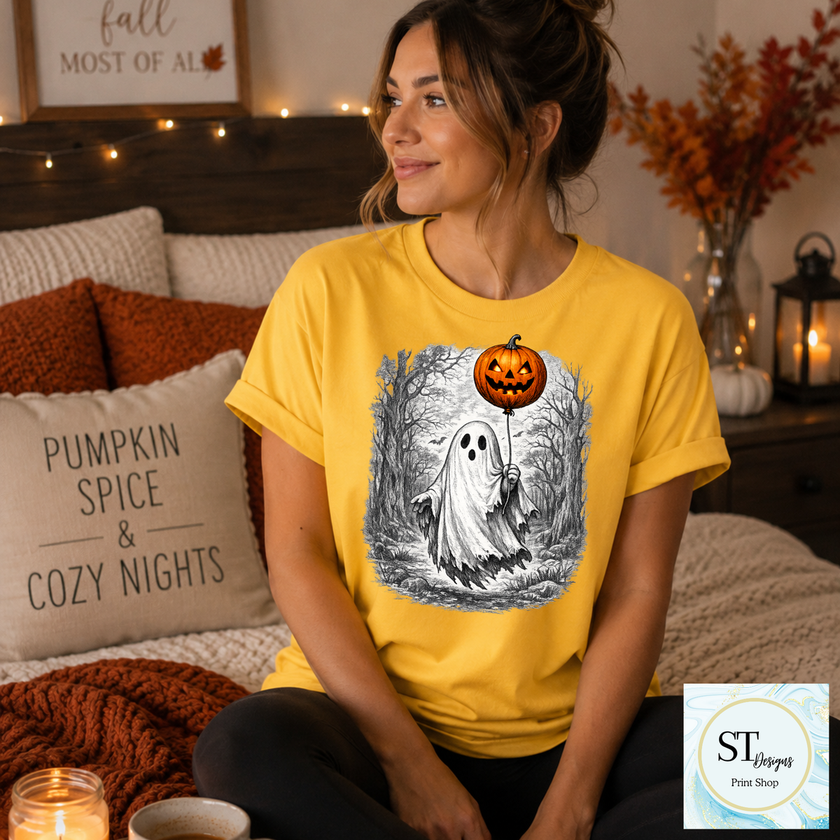 Spooky Ghost With Jack-O'-Lantern Balloon Halloween Design