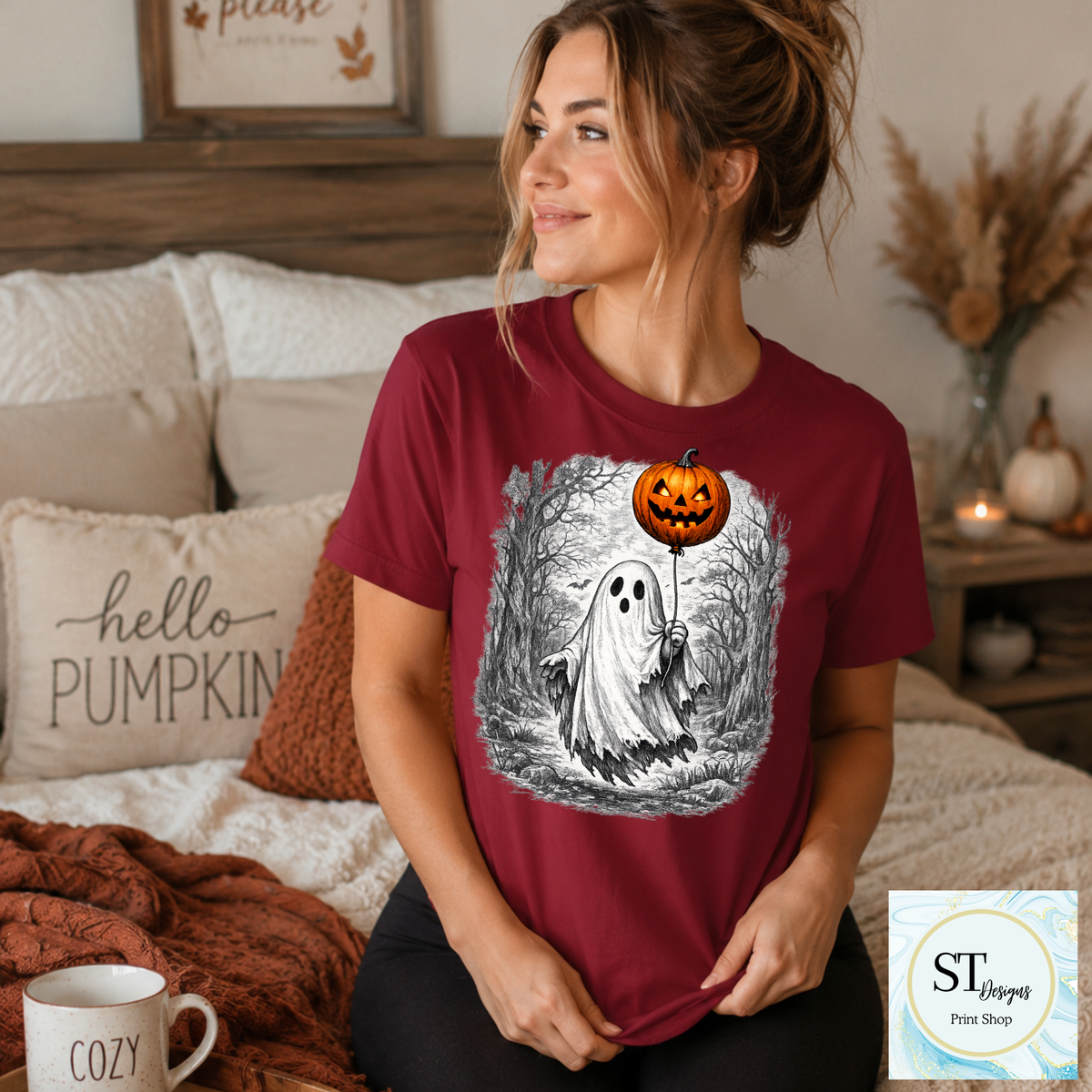 Spooky Ghost With Jack-O'-Lantern Balloon Halloween Design