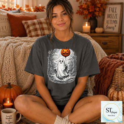 Spooky Ghost With Jack-O'-Lantern Balloon Halloween Design