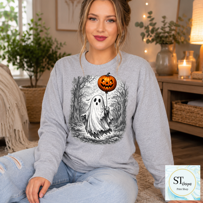 Spooky Ghost With Jack-O'-Lantern Balloon Halloween Design