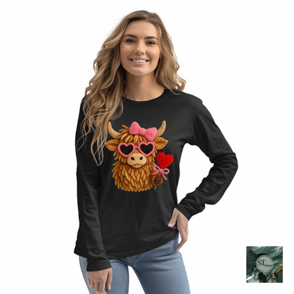 Valentines Faux Yarn Cow t-shirt and sweatshirt options unisex fit
