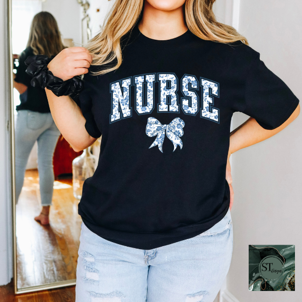 Nurse Blue floral bow T-Shirt