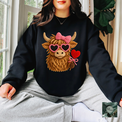 Valentines Faux Yarn Cow t-shirt and sweatshirt options unisex fit
