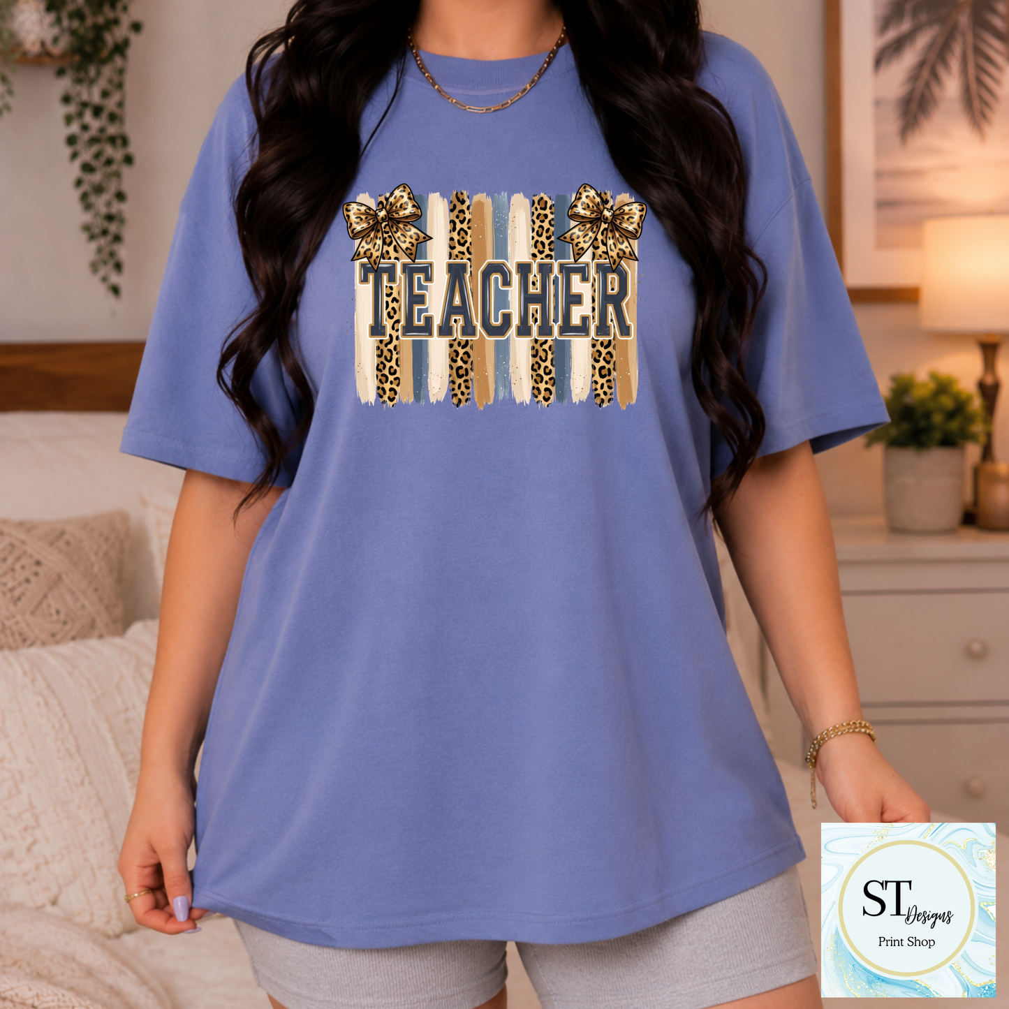 Preppy Cheetah Teacher Bow