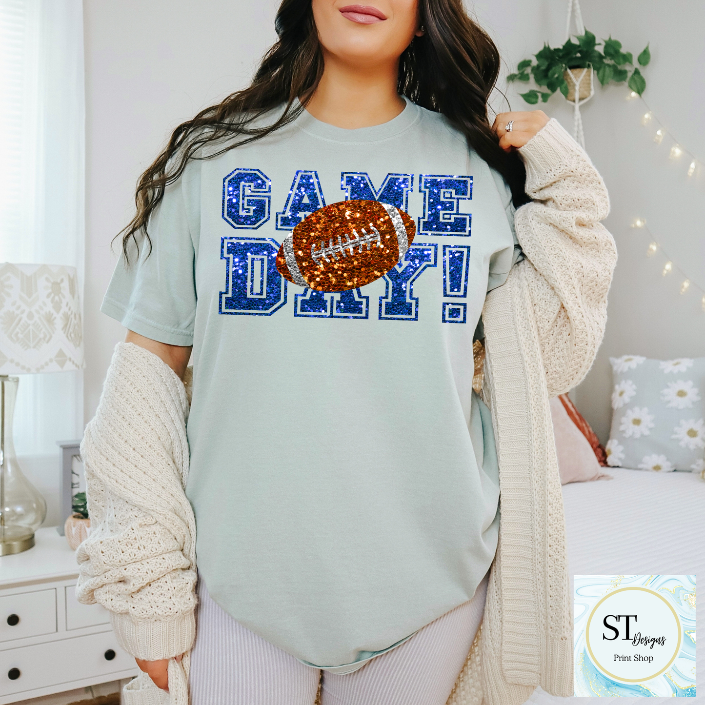 Blue Glitter Game Day Football