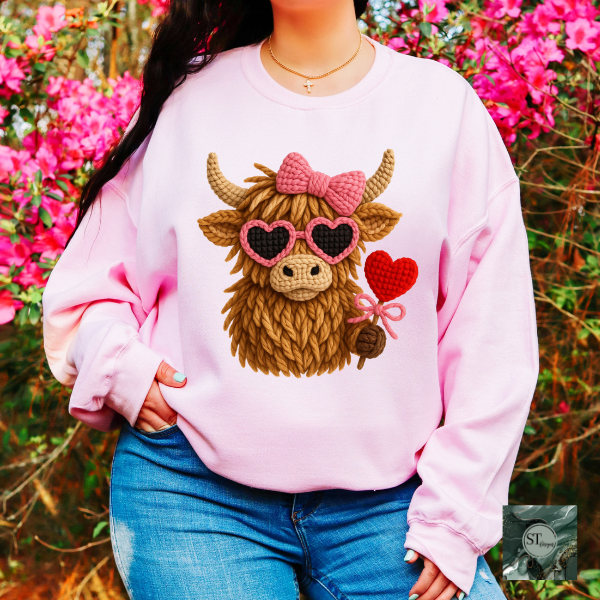 Valentines Faux Yarn Cow t-shirt and sweatshirt options unisex fit