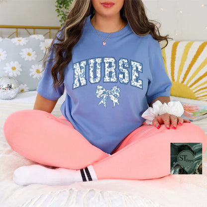 Nurse Blue floral bow