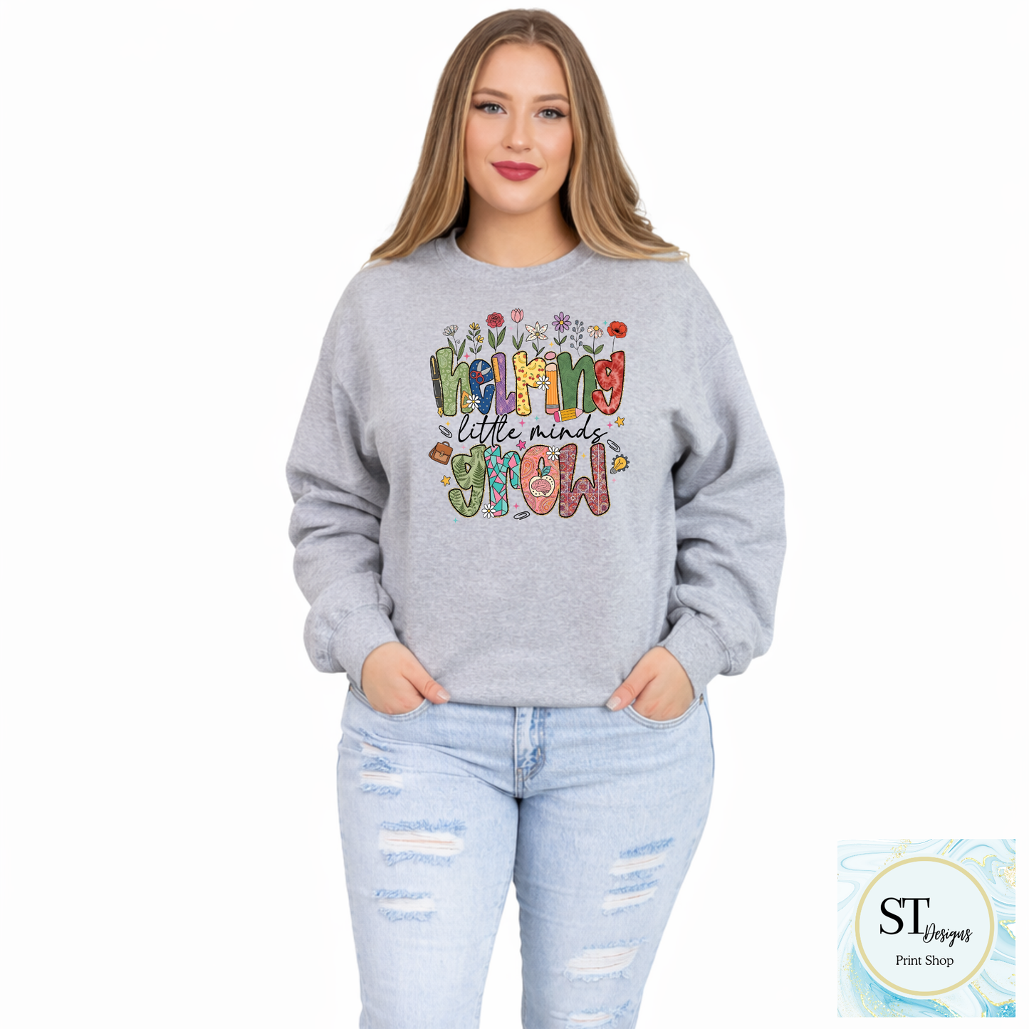 Helping Little Minds Grow Teacher T-Shirt | Cute Floral Teacher Graphic Tee | Preschool & Elementary Teacher Shirt | Unisex S-5XL