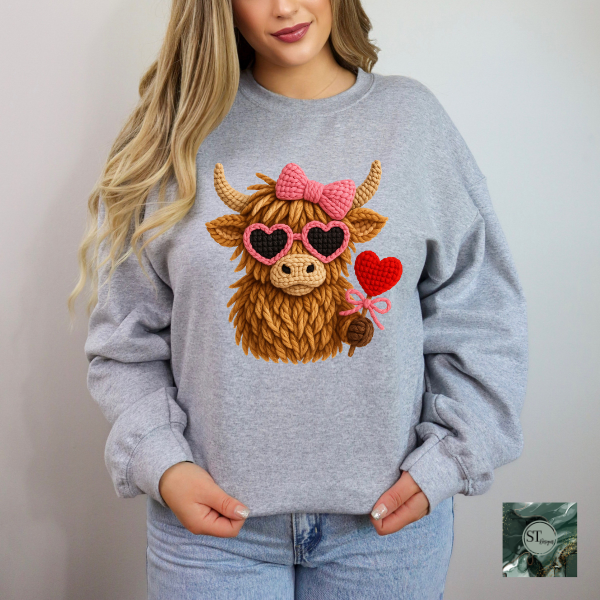 Valentines Faux Yarn Cow t-shirt and sweatshirt options unisex fit